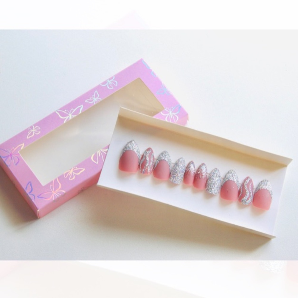 Hand painted pink and silver glitter press on nails